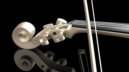 Champagne Gold classic violin on black plate under spot lighting background. 3D sketch design and illustration. 3D high quality rendering. © DRN Studio