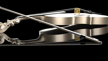 Champagne Gold classic violin on black plate under spot lighting background. 3D sketch design and illustration. 3D high quality rendering.