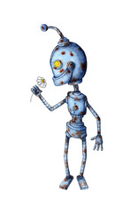 Watercolor illustration of a robot romantic with a camomile in his hand. An old rusty robot sniffs a chamomile. Children's funny picture is isolated on a white background. Drawn by hand.