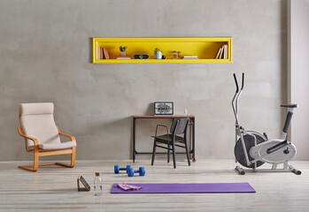 Sportive and training room style with purple mat dumbbell, computer background. Yellow bookshelf and coffee table, yellow vase and plant.Training and sportive room, grey interior style, stone wall.