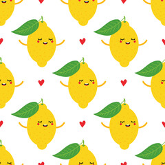 Cute smiling cartoon lemon characters with leaves and hearts vector seamless pattern background.