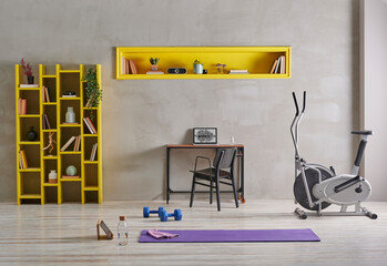 Training and sportive room, grey interior style, stone wall, bike and purple mat, blue dumbbell, yellow bookshelf background.