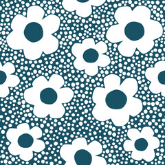 Fototapeta na wymiar Vector simple pattern with stylized flowers. Stylish seamless background with navy blue background and daisy flowers. Floral pattern for fabric, wallpapers and wrapping paper.