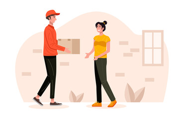 Delivery man handling parcel package box to customer. Vector