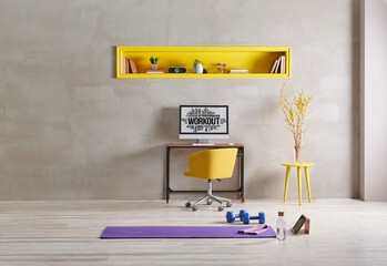 Sportive and training room style with purple mat dumbbell, computer background. Yellow bookshelf and coffee table, yellow vase and plant.