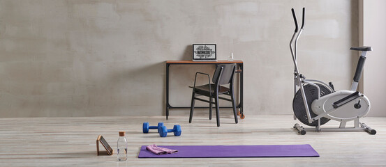 Sportive and training room style with purple mat dumbbell, computer background.