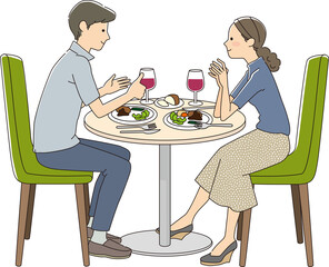 Illustration of men and women eating happily