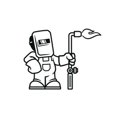 Fototapeta premium Welder cartoon character in welding mask holding gas torch in gloves