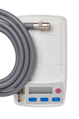 Blood pressure monitor. Close-up of an outpatient 24 hours blood pressure monitor system isolated on a white background. Macro photograph.