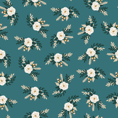 White flowers bridal roses seamless vector pattern. Repeating retro romantic floral background teal blue. Ditsy flower pattern Scandinavian flat style for fabric, invitation, kids, wedding, nursery.