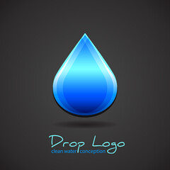 Blue falling drop logo on black background. Vector fluid symbol as a concept clean water. Industrial liquid icon for company. Modern volumertic design style