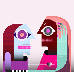Farewell couple modern art graphic illustration. Man and woman hugging and looking at each other. Sad goodbye.