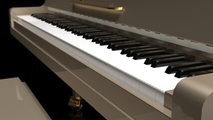 Champagne Gold Grand Piano under Black Background. 3D illustration. 3D high quality rendering. 3D CG.