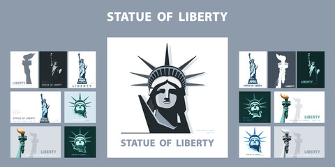 Statue of Liberty design template set. Banner, geometric multicolored flat design. New York. Booklet, album poster. Name of the Annual Report Ad Text. X-banner. Information banner, vector illustration © VASYL