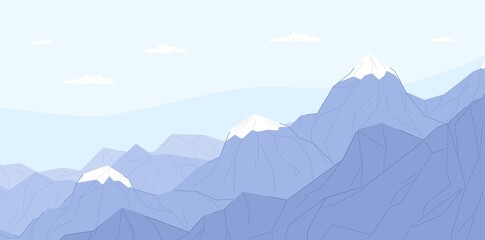 Ridge of blue mountains with ice peaks. Calm and peaceful scene of Alps. Serene landscape with mounts. Flat vector illustration