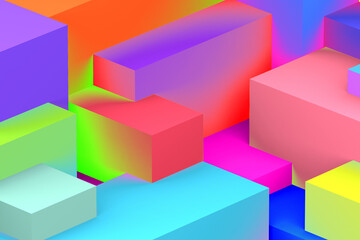 Abstract geometric cubic holographic colorful in neon lights background. isometric 3d render.