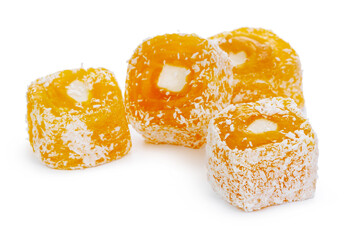 Yellow Turkish Delight sweets isolated on white