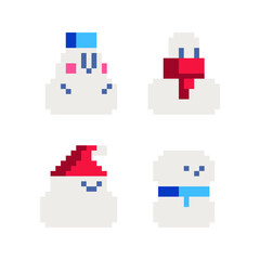 Obraz premium Snowman characters. Сap on head and red scarf around neck. Pixel art greeting card design. Isolated vector illustration
