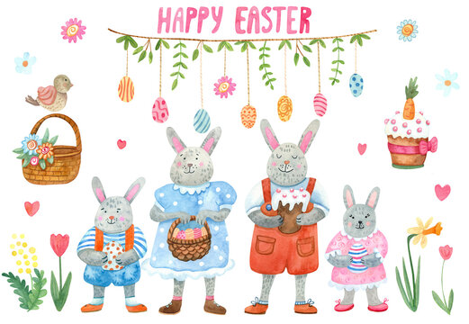 Easter watercolor set. Smiling rabbit family or bunnies with eggs, cake, garland, basket. Hand painted watercolor illustration isolated on white. Great for Easter design,  posters, greeting cards.
