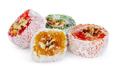 Colorful Turkish delight with nuts in powdered sugar isolated on white