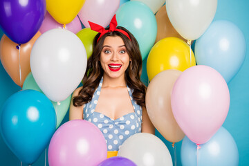 Fototapeta na wymiar Close up photo excited astonished girl enjoy anniversary festive occasion celebration get incredible gift impressed scream wow omg wear blue tank top on air baloon background