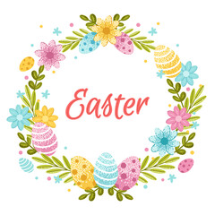 Happy Easter greeting card. Flowers, leaves and decorated eggs are arranged in a circle. Flat vector illustration