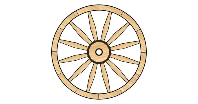 A clockwise rotating old fashioned wooden and metal rimmed wagon wheel over a white background