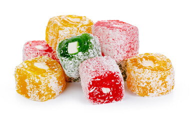 Bunch of colorful Turkish Delight sweets isolated on white