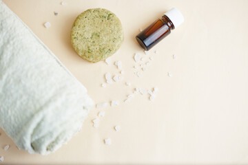 Set of eco hair care products. Solid shampoo, essential oil and oil for hair. Organic cosmetics. Zero waste, Plastic free.