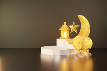 Islamic Scene with gold lantern and crescent moon 3d rendering
