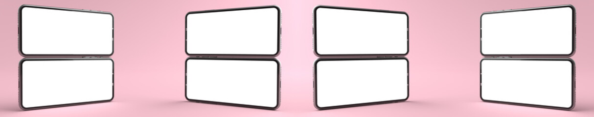 3D rendering of mockups Smartphones white screen on pink floor, Mobile phone lay down on the ground. Smartphones white screen can be used for commercial advertising, Isolated on pink background.