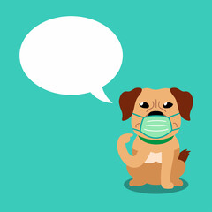 Cartoon character dog wearing protective face mask with speech bubble for design.