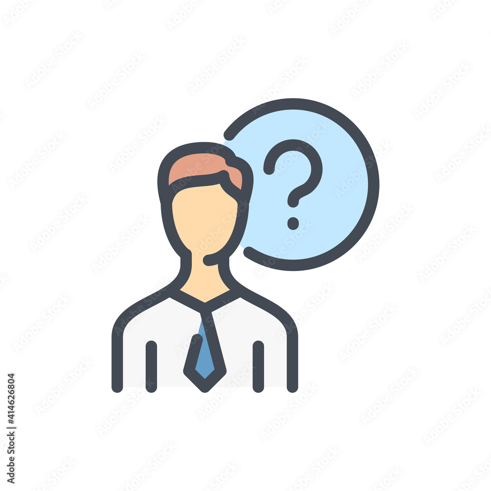 Poster support service and help center color line icon. business person with question mark vector outline c