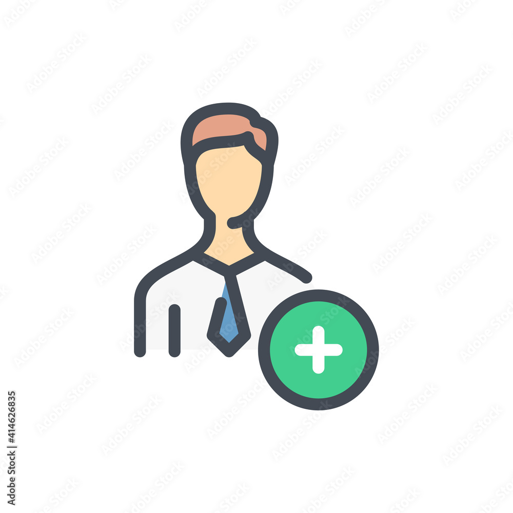 Poster add person and new user color line icon. business person with plus vector outline colorful sign.