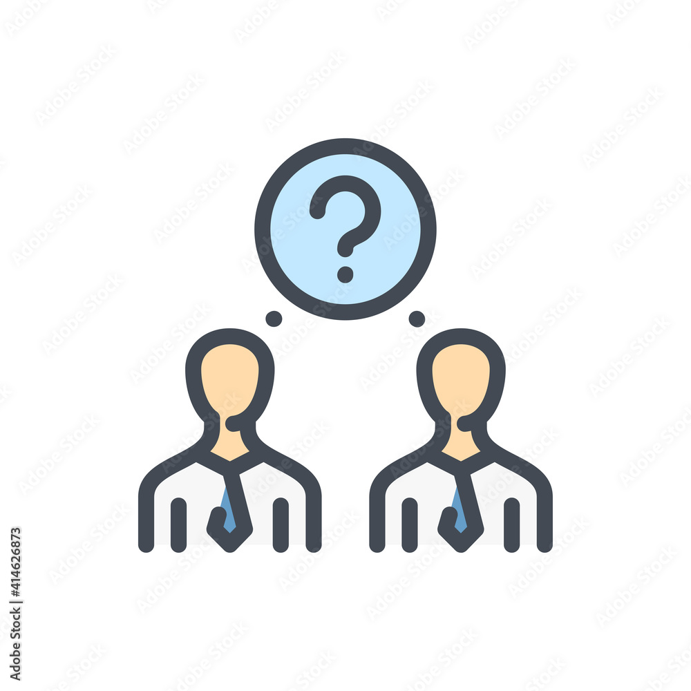 Fototapete People with question mark color line icon. Multiple question and Solution to the problem vector outline colorful sign.