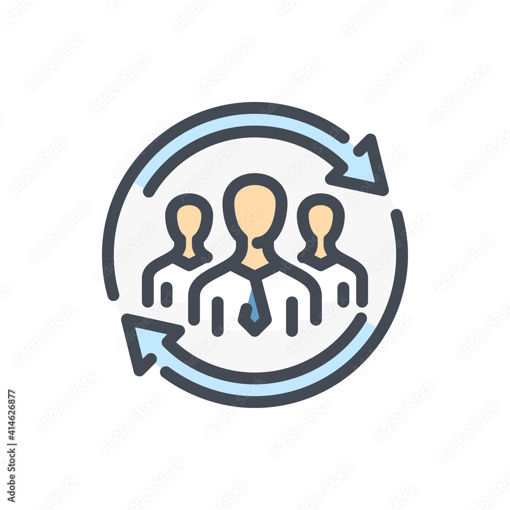 Poster experience exchange and switch staff color line icon. group of people with change arrows vector outl