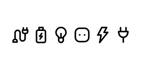 Electricity icon set. Lightbulb, socket, lightning, battery sign in minimalistic outline style. Energy vector illustration
