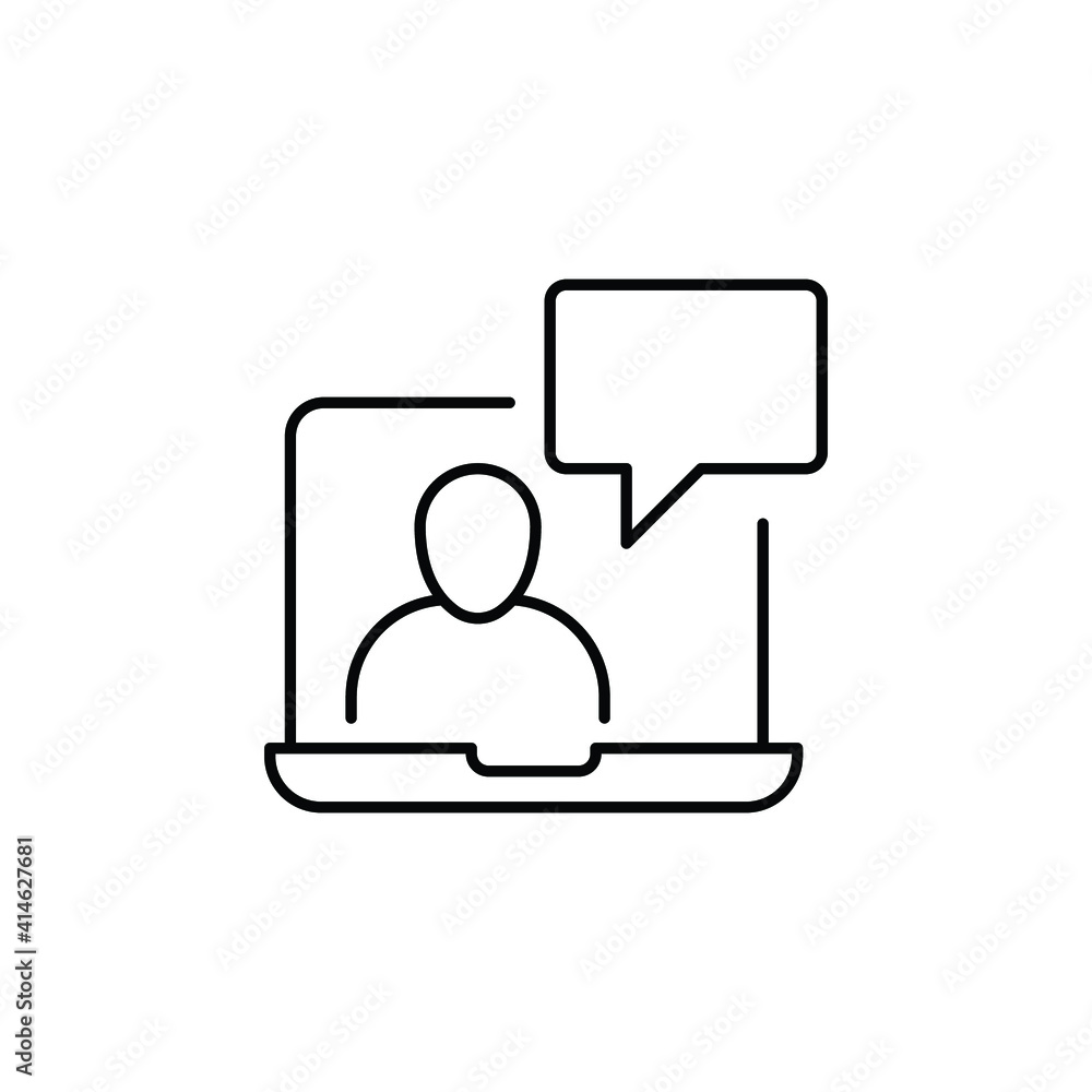 Aufkleber webinar online class line icon. monitor screen, user chat discussion for consulting virtual classroo
