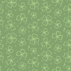 St. Patrick's Day seamless pattern, hand drawn clover leaves