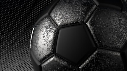 Rusty metallic silver-black soccer ball on spot light. 3D illustration. 3D high quality rendering.