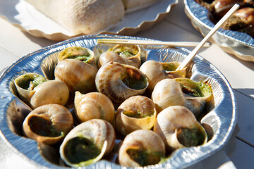 Snails with garlic sauce on a plate - gourmet food, French traditions..