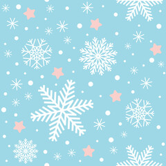 Seamless winter cute blue background with white snowflakes and pink stars childish background. For the design of greeting cards, wallpaper, holiday wrapping paper, shop advertising, textile fabric