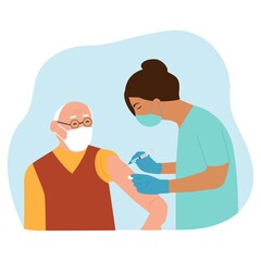 Obraz premium Vaccine elderly. Doctor holds an injection vaccination senior, old man. Vaccination concept. Vector illustration.