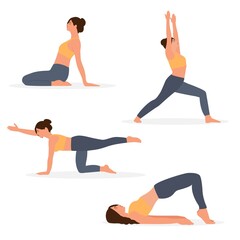 Set of Yoga poses for women. Vector illustration on white background. Woman in different poses, asanas