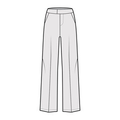 Pants tailored technical fashion illustration with extended low waist, rise, full length, flap slashed pockets. Flat casual bottom apparel template front, grey color. Women men unisex CAD mockup