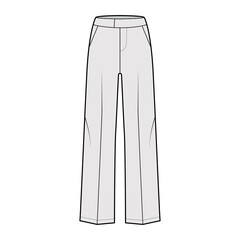 Pants tailored technical fashion illustration with extended low waist, rise, full length, flap slashed pockets. Flat casual bottom apparel template front, grey color. Women men unisex CAD mockup