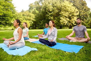 fitness, sport, yoga and healthy lifestyle concept - group of people meditating in lotus pose at summer park
