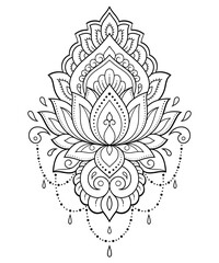 Lotus mehndi flower pattern for Henna drawing and tattoo. Decoration in oriental, Indian style. Doodle ornament. Outline hand draw vector illustration.