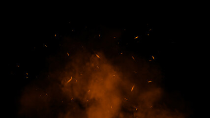 Perfect fire particles embers sparks on isolated black background . Texture overlays. Explosion burn effect. Stock illustration.