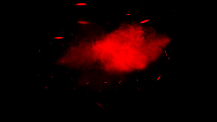 Perfect red fire particles embers sparks on isolated black background . Texture overlays. Explosion burn effect. Stock illustration.